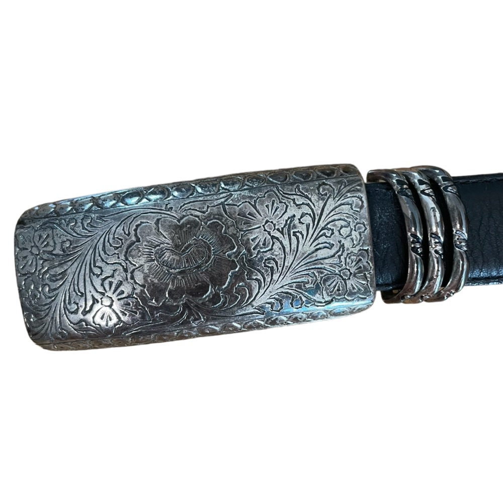 VTG Patricia Green Details Leather Belt Black Etched Buckle Medium Made IN USA - Picture 8 of 9
